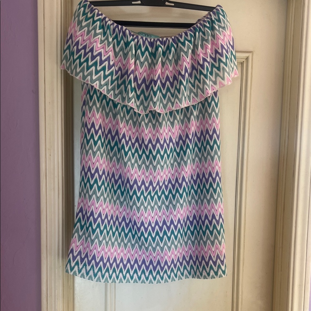 Karlie Strapless Zigzag Dress in Pink, Blue, and Green